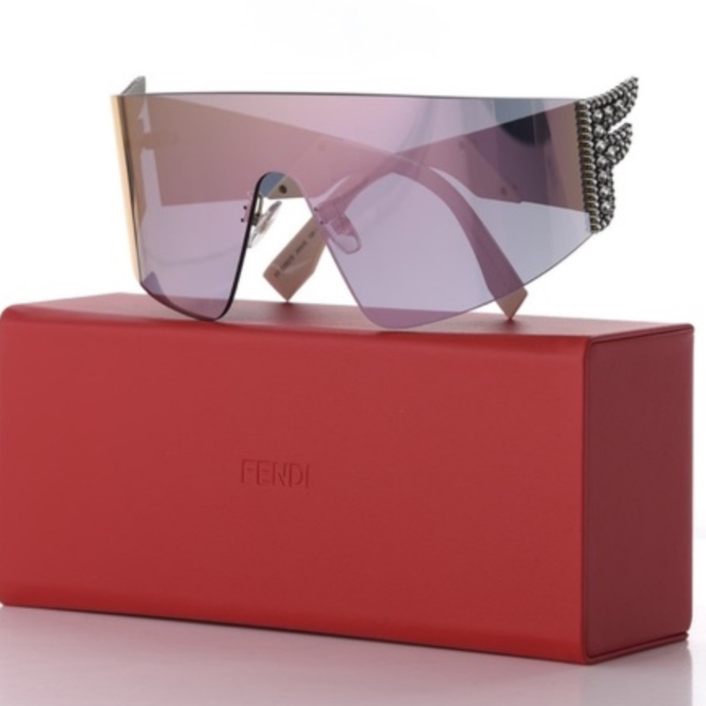 Fendi FF Sunglasses Women's Gold/Grey-Pink Mirror Lens Shield , Crystal side FF